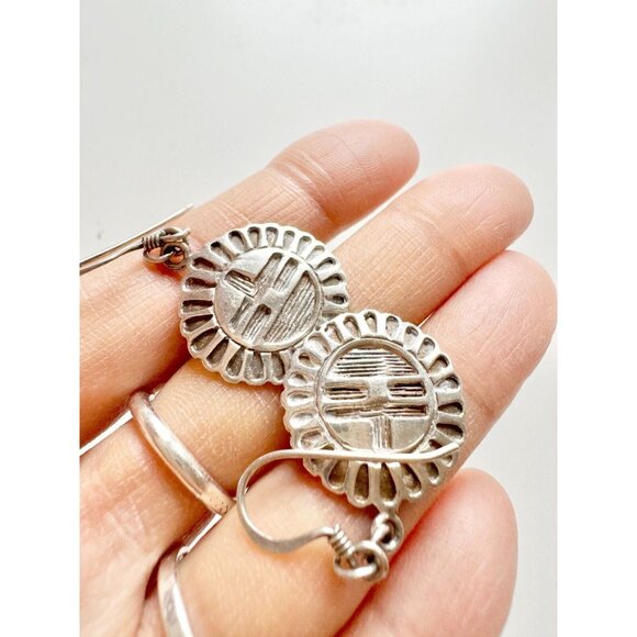 Vintage Navajo 925 Sterling Silver Sun Face Geometric Drop Earrings - Picture 6 of 10
